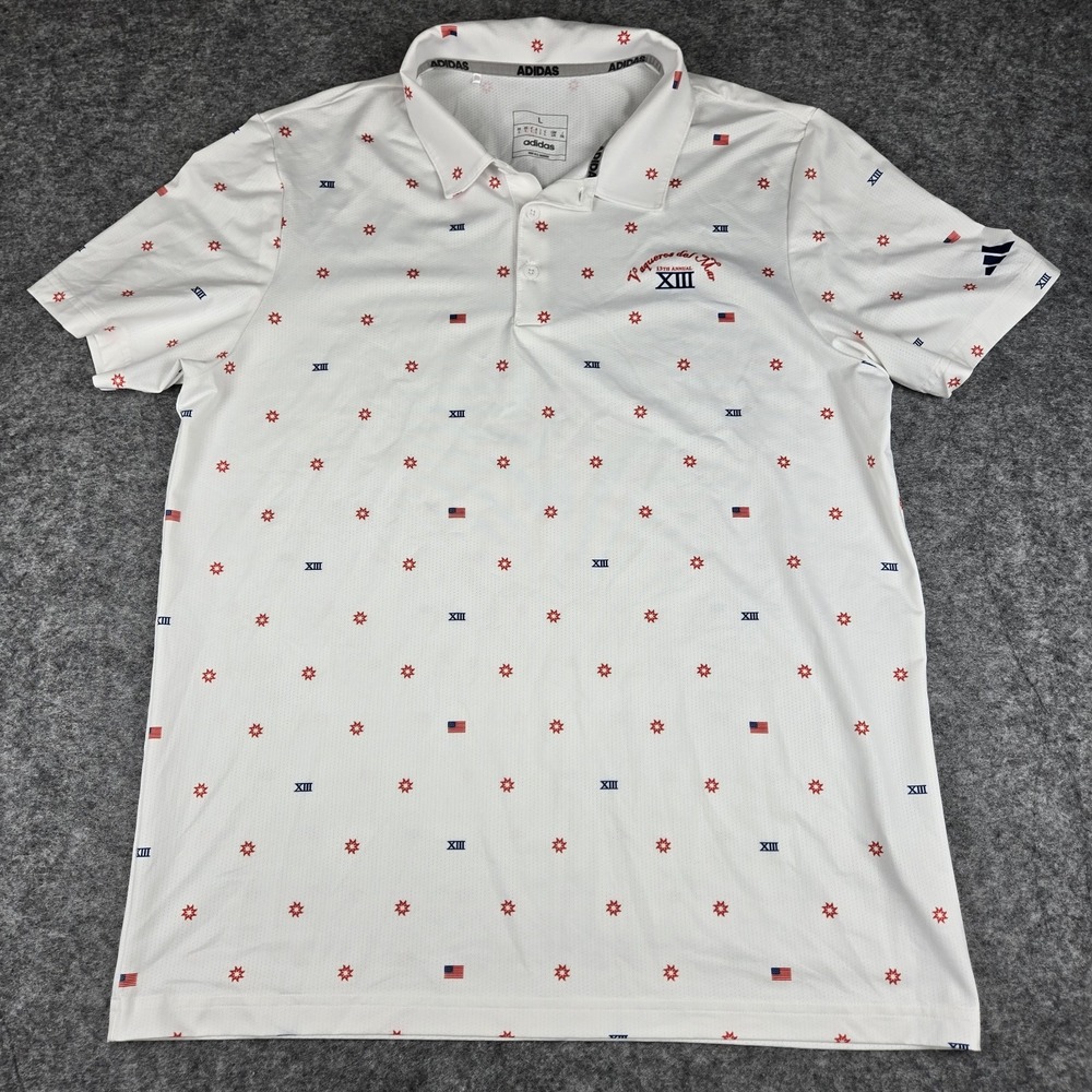 Adidas Polo Shirt Mens Large Vaqueros Del‎ Mar XIII All Over Print Golf USA Flag